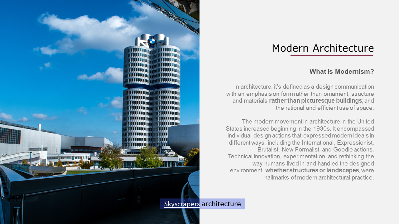 Modern architecture slide featuring a futuristic skyscraper and detailed explanation of modernism in design.