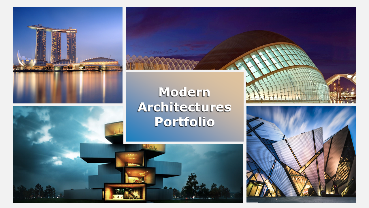 Collage of modern architectural landmarks with a central title, featuring iconic buildings and futuristic designs.