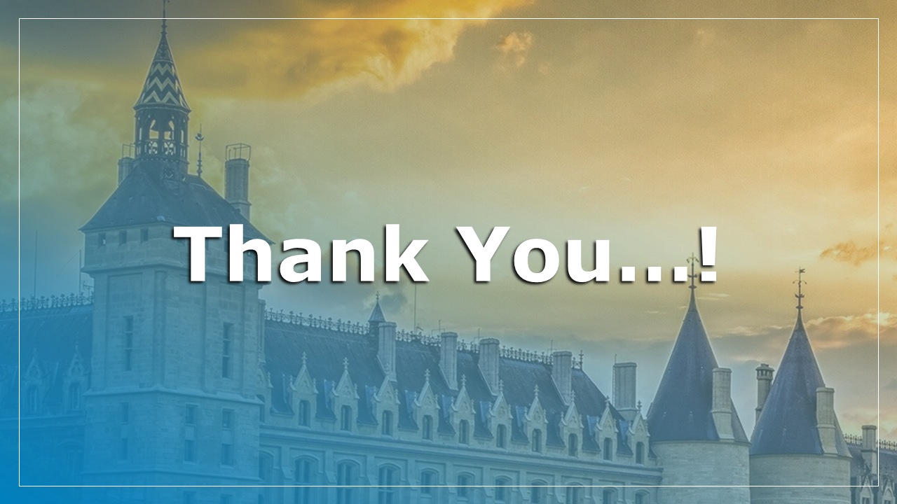 Thank you slide with sunset sky and classic castle like building in the background, featuring bold centered text.