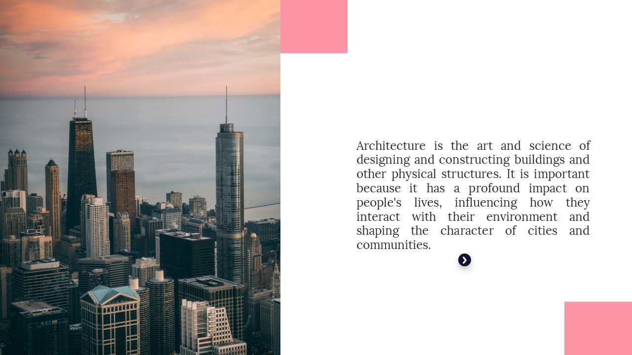 Aerial view of an urban skyline featuring tall, contemporary architecture at twilight on a pink and white backdrop.