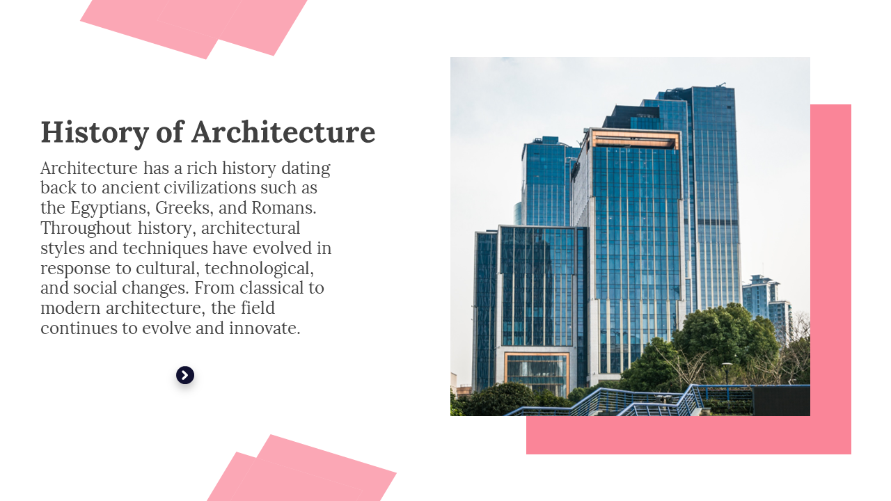 Modern buildings with reflective glass facades surrounded by greenery on a pink and white backdrop.