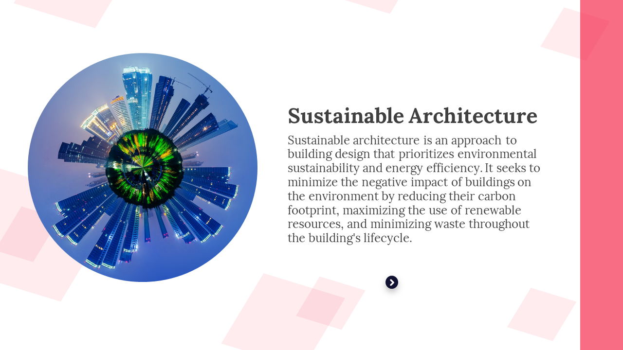 Creative circular representation of a city skyline emphasizing sustainable urban design on a pink and white theme.