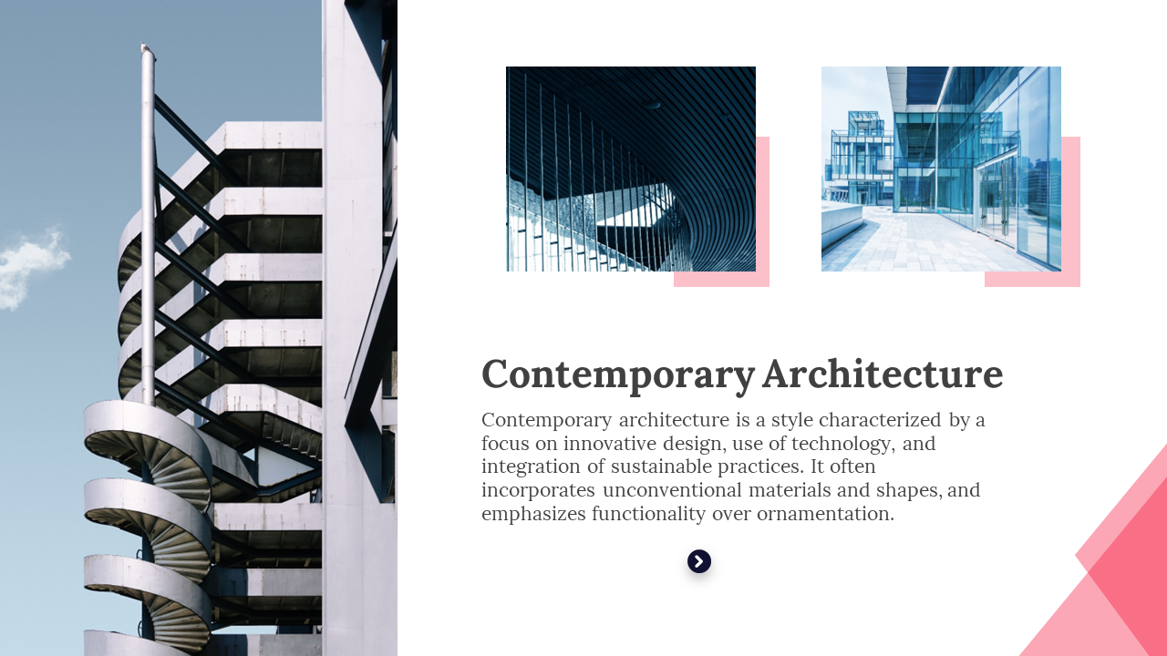 Modern architecture slide featuring a spiral staircase, geometric designs, and minimalist glass structures on a white theme.