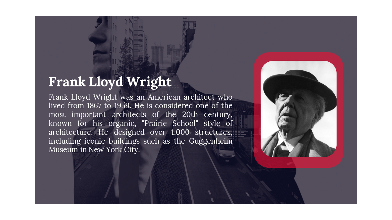 Portrait of architect Frank Lloyd Wright with a cityscape background.