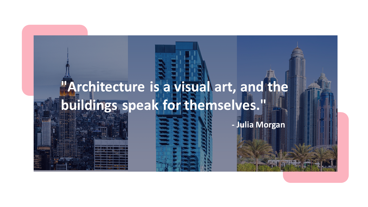 Quote on architecture overlaying images of iconic city buildings.