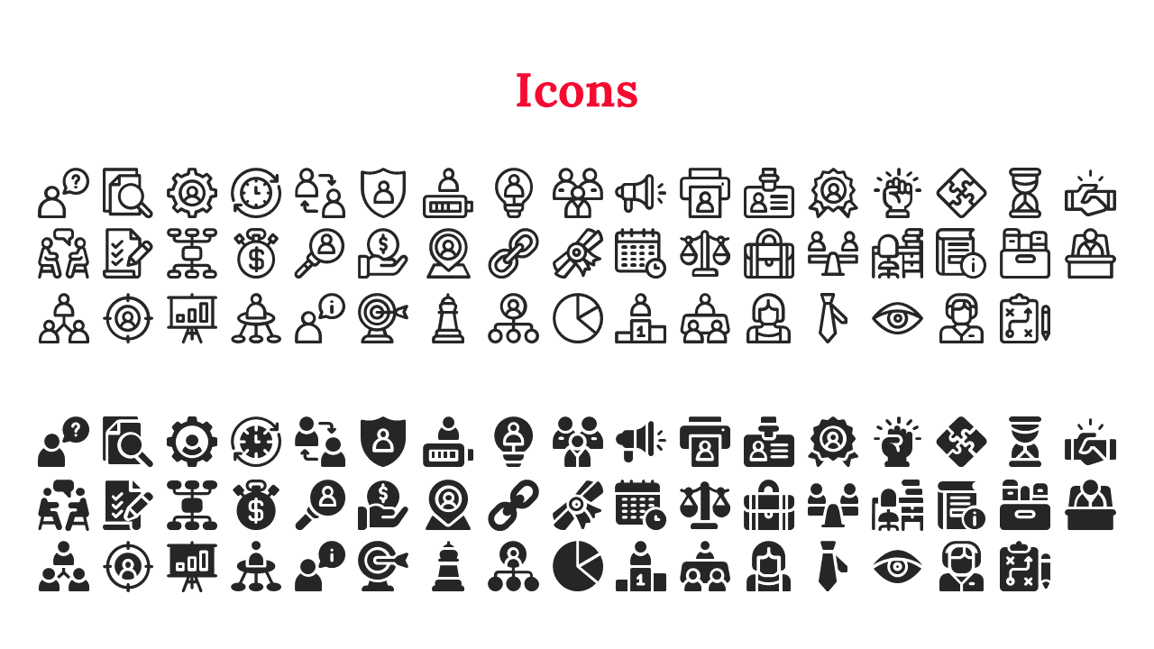 Collection of business and strategy lines and solid icons on a white backdrop.