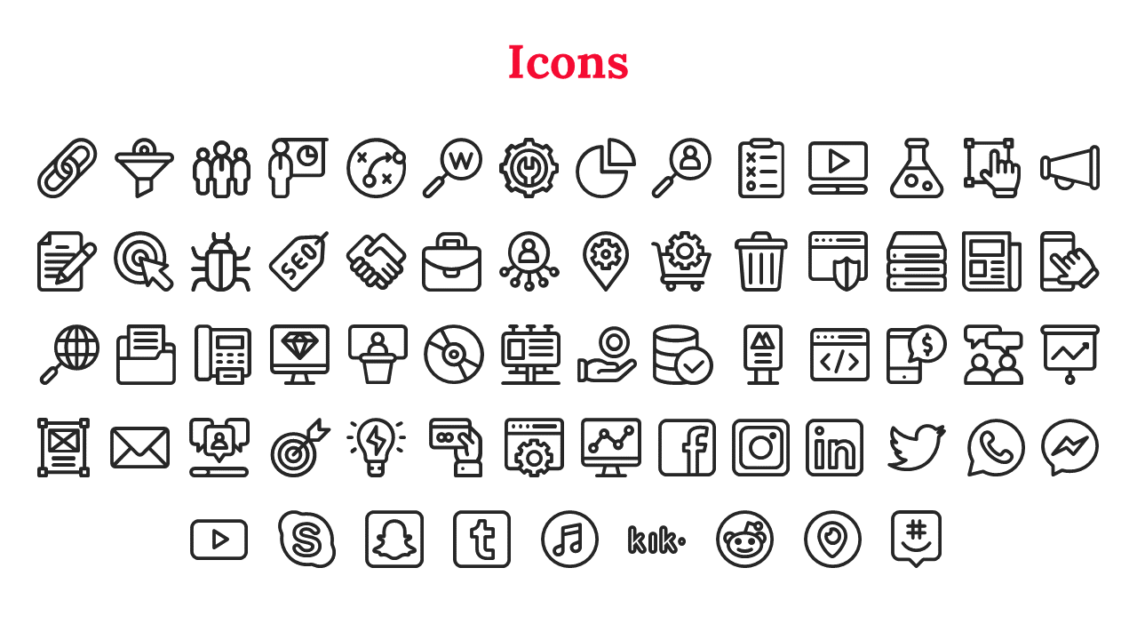 Collection of black business icons both outlined and filled, including symbols for teamwork and communication in white theme.