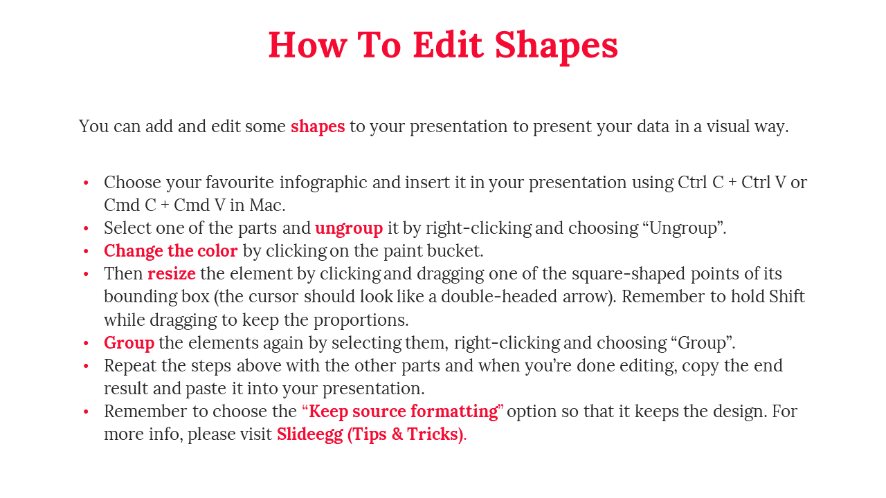 Instructions for editing shapes in PowerPoint, highlighting key actions in red in white theme.