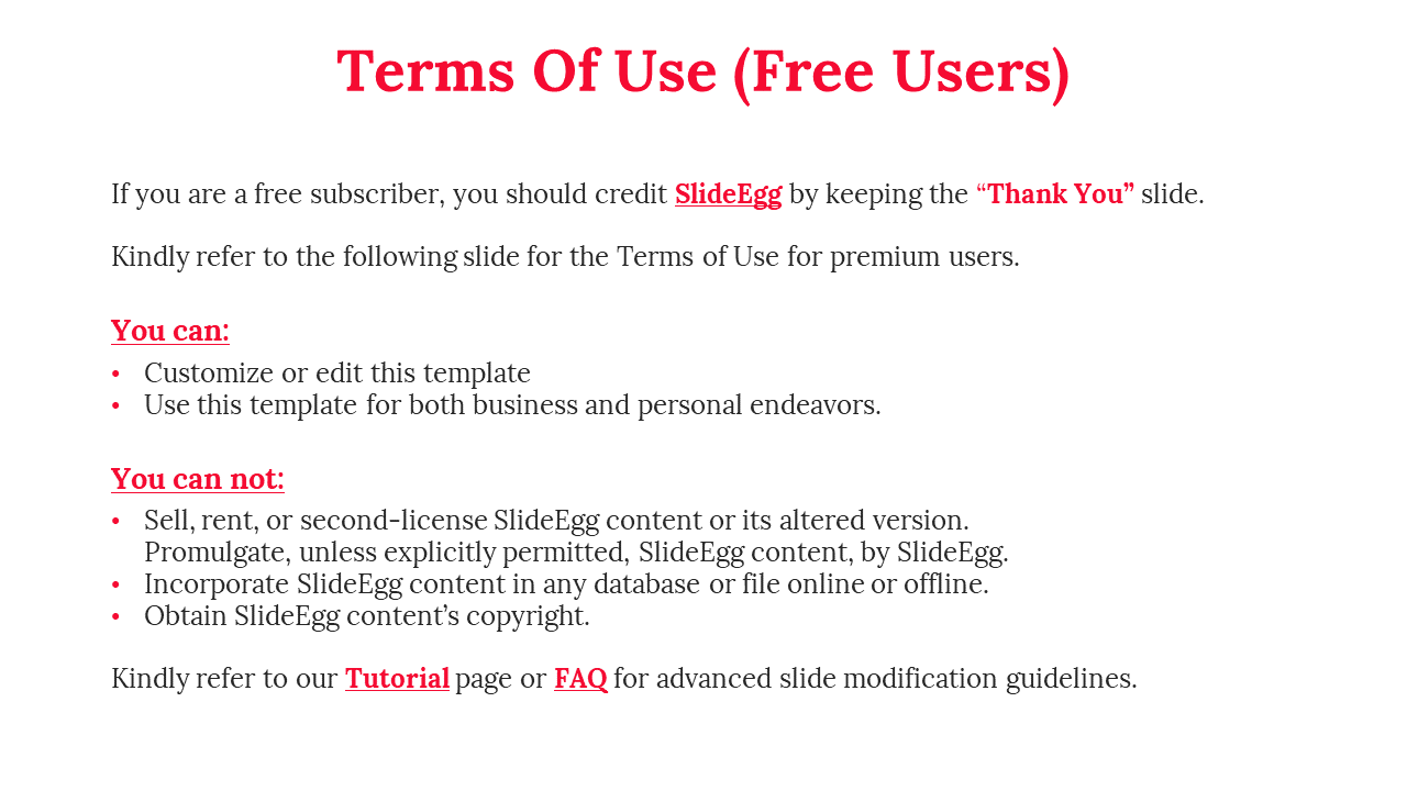 Slide showing terms of use guidelines for SlideEgg's free subscribers with bullet points on a white backdrop.