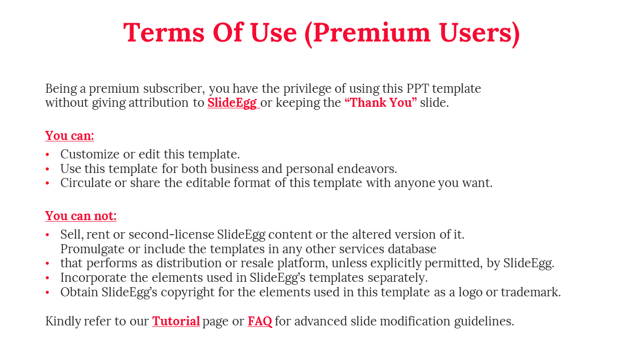 Terms of Use slide outlining dos and don'ts for premium SlideEgg subscribers on a white theme on a white backdrop.
