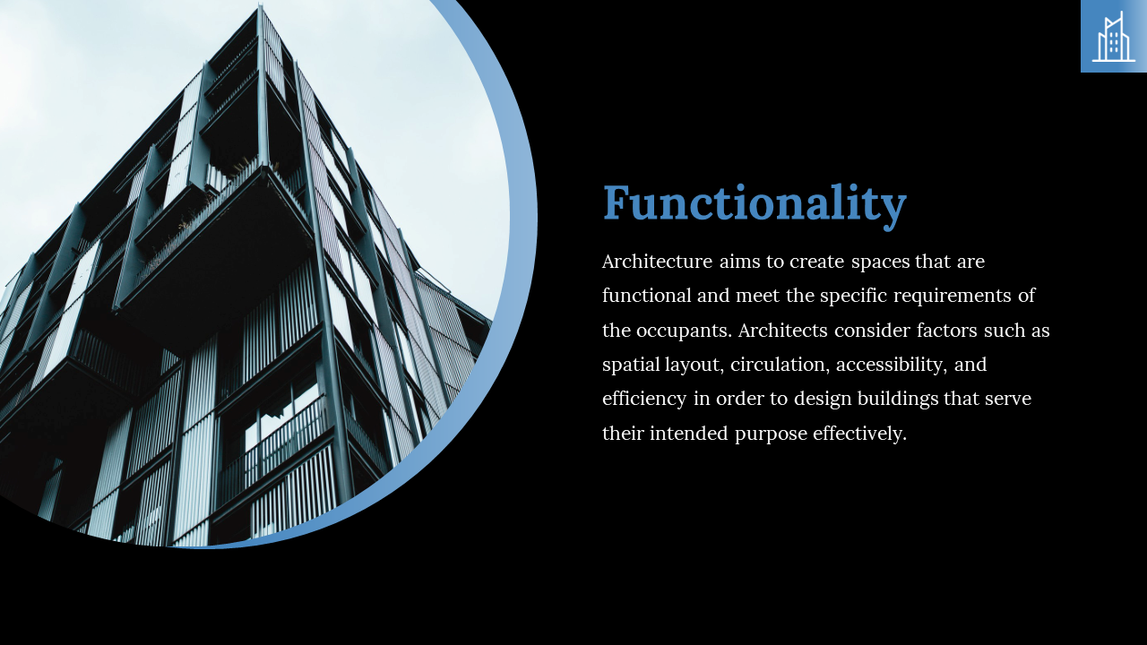 A modern apartment building with a functional balcony design is featured beside text on architectural functionality.