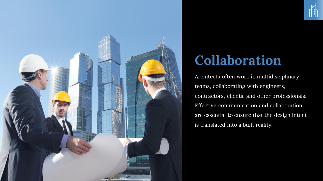 Architects and engineers in hard hats reviewing blueprints in front of modern skyscrapers, representing collaboration.