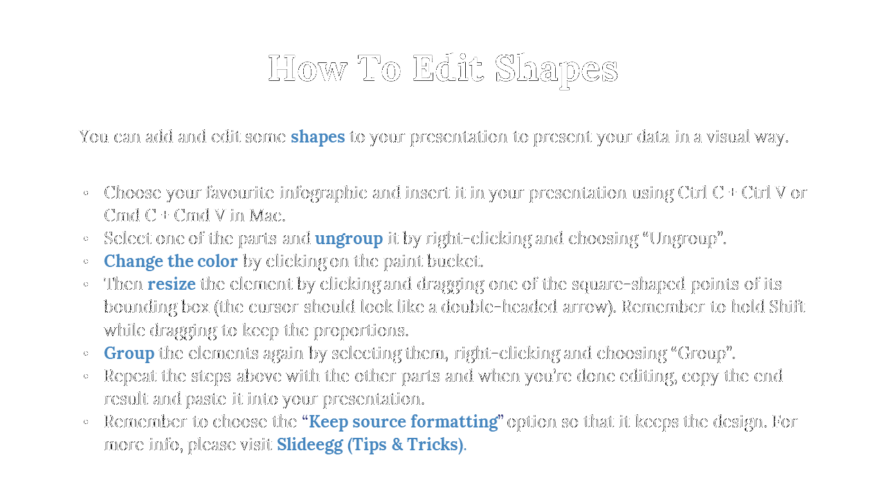 Instructions on how to edit shapes in a presentation, including steps to ungroup, recolor, and group elements in white theme.