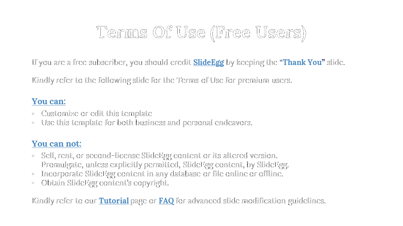 Terms of Use for free SlideEgg subscribers, listing what you can and cannot do with the template on a white backdrop.