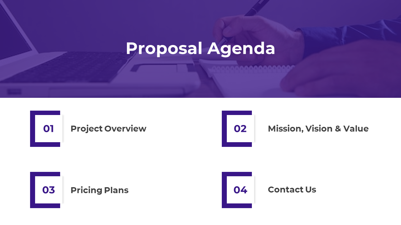 Purple slide showing a 4 step project proposal agenda including project overview, mission, pricing, and contact details.