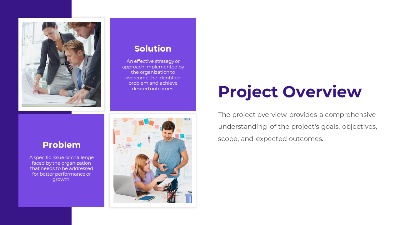 Purple project overview slide featuring text sections for Problem and Solution with supporting images of team discussions.