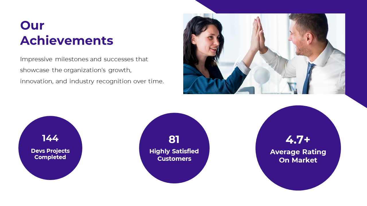 Slide displaying company achievements with statistics on projects, customer satisfaction and market rating in purple circles.