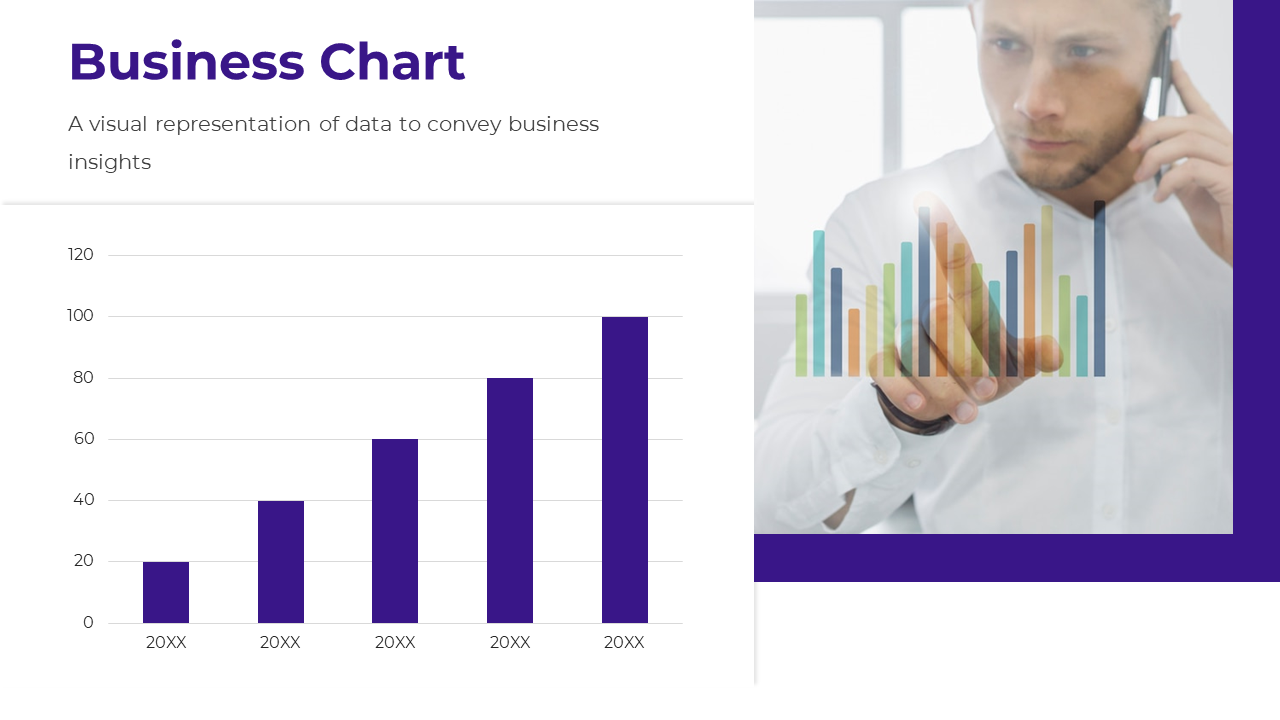 Slide with a purple bar graph illustrating business growth over multiple years and a man interacting with virtual data.