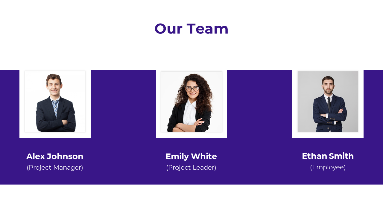 Slide showcasing three team professionals with names, roles, and framed photos against a purple and white background.
