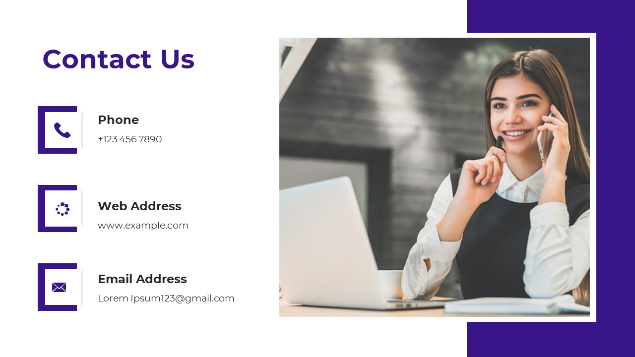 Contact us slide with phone number, email, web address, and a woman on the phone beside a laptop in purple and white theme.