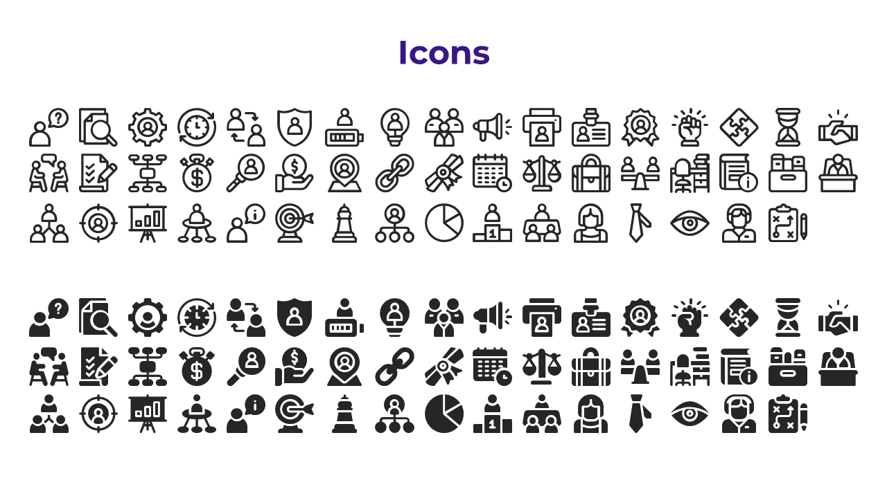 Collection of black lines and filled icons representing business concepts like teamwork, finance and planning in white theme.