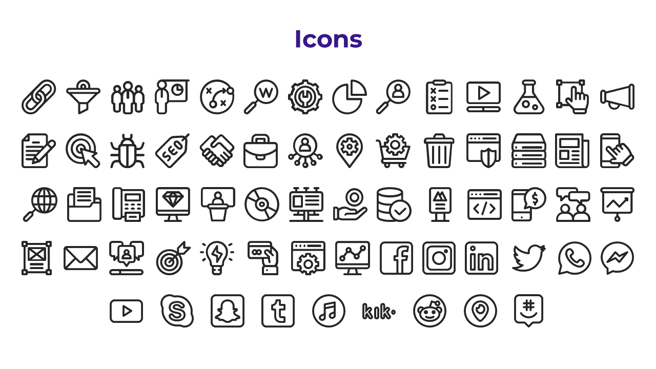 Grid of diverse outline icons including analytics, SEO, social platforms, and communication tools on a white backdrop.