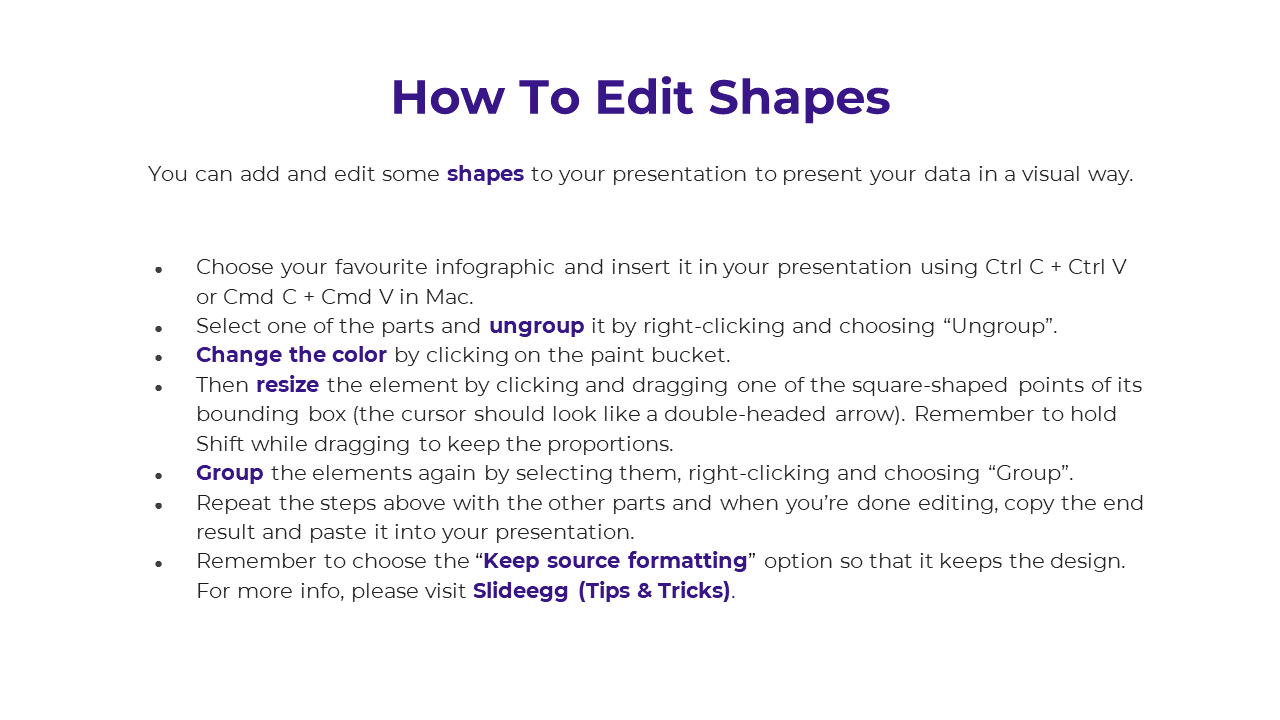 Slide explaining how to customize shapes in PowerPoint using steps like ungrouping, resizing, and grouping in white theme.