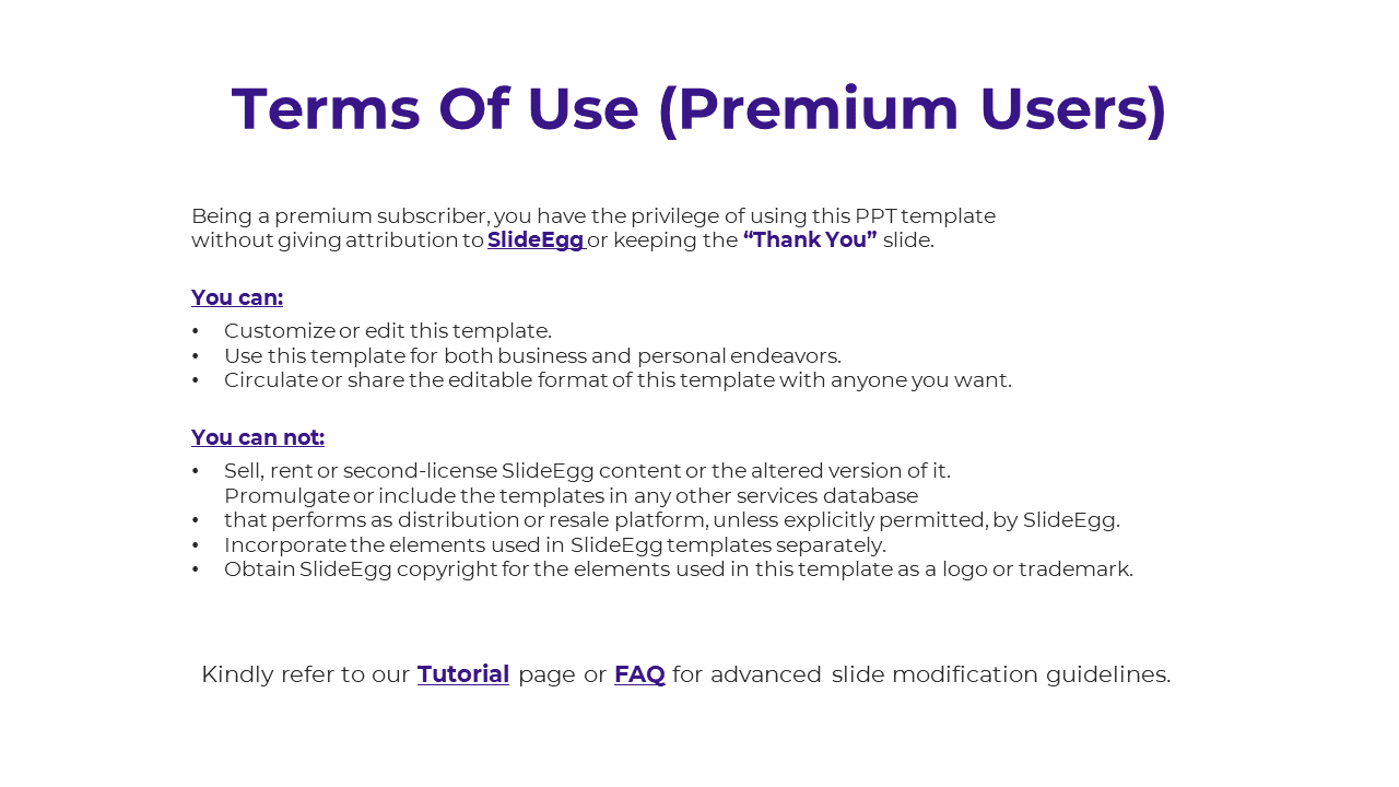 Slide displaying terms of use for SlideEgg premium users, outlining permissions and restrictions for template usage.