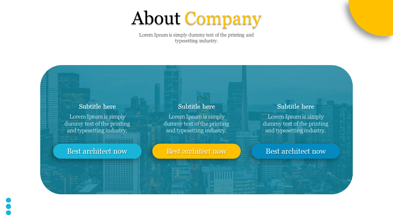 About Company slide featuring a city skyline blue background with three text sections and architect call to action buttons.