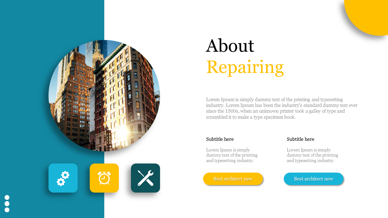 About Repairing slide with circular building photo, text blocks, service icons, and call to action buttons in blue a theme.