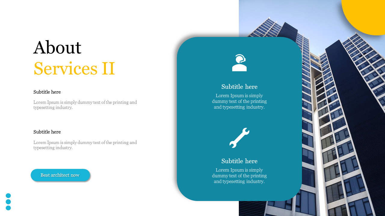 About Services II features tall building imagery, service icons, and supporting blue text boxes on a white theme.