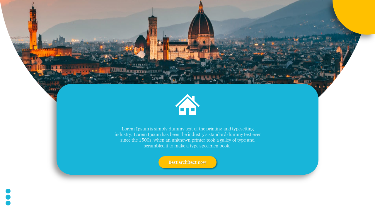 Scenic slide featuring a panoramic view of Florence with a centered blue content box and house icon on a white theme.