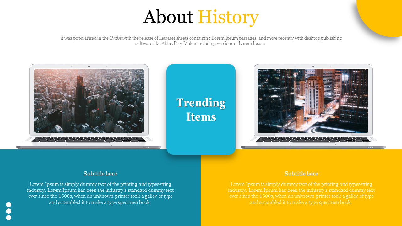 About History slide with two laptops displaying cityscapes, a central trending items banner, and descriptive text blocks.