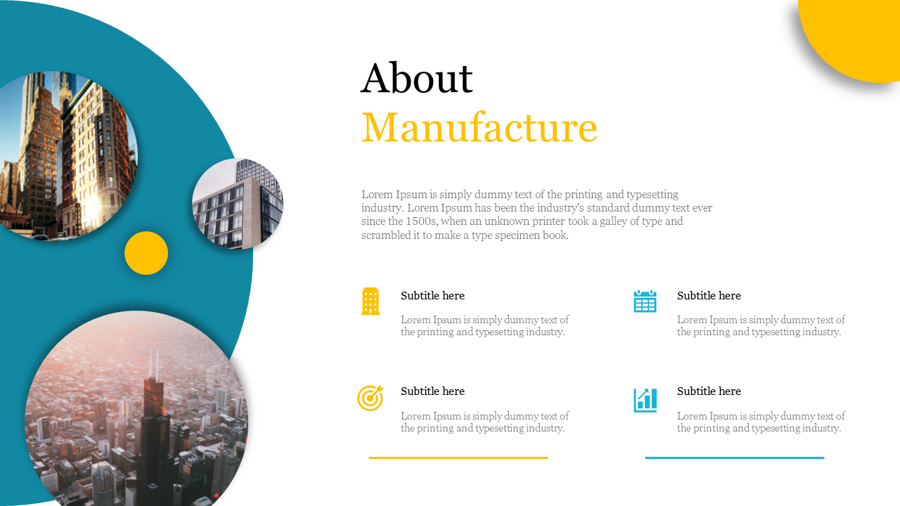 Modern slide design featuring urban architecture photos and multiple info blocks with manufacturing related icons.
