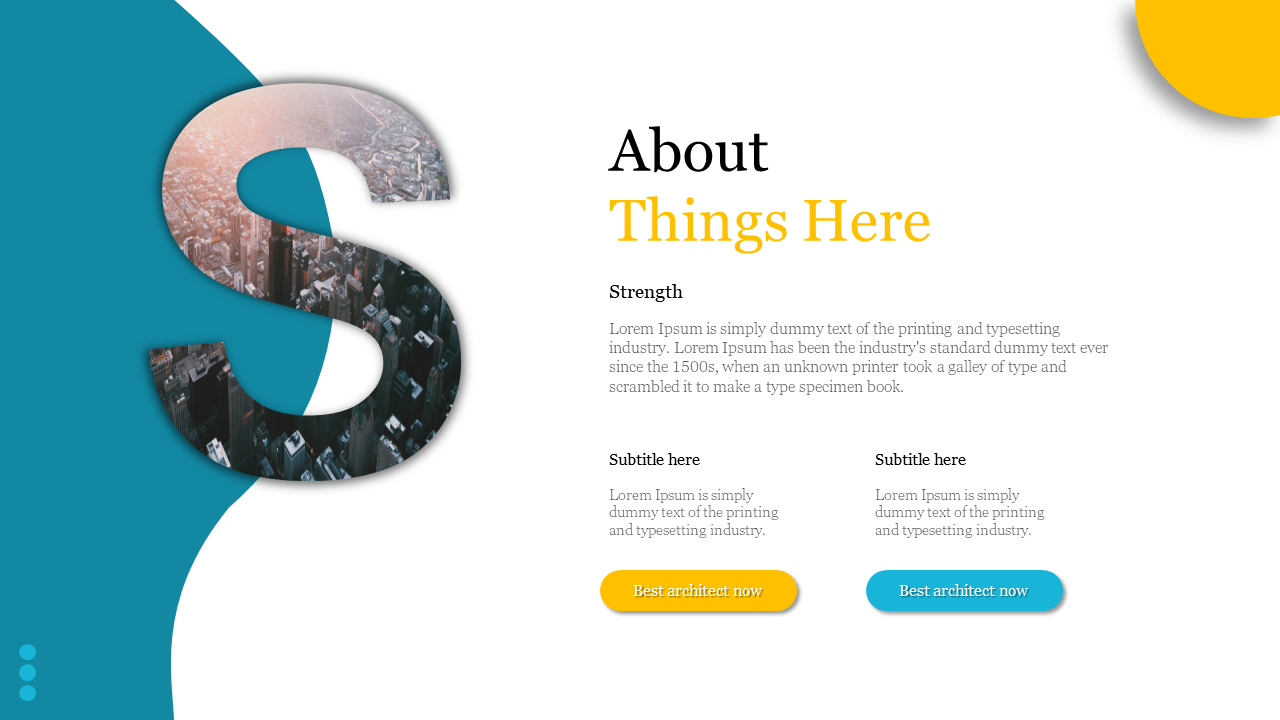 Creative architecture slide featuring a large S cutout with city imagery and two call to action buttons on a blue theme.