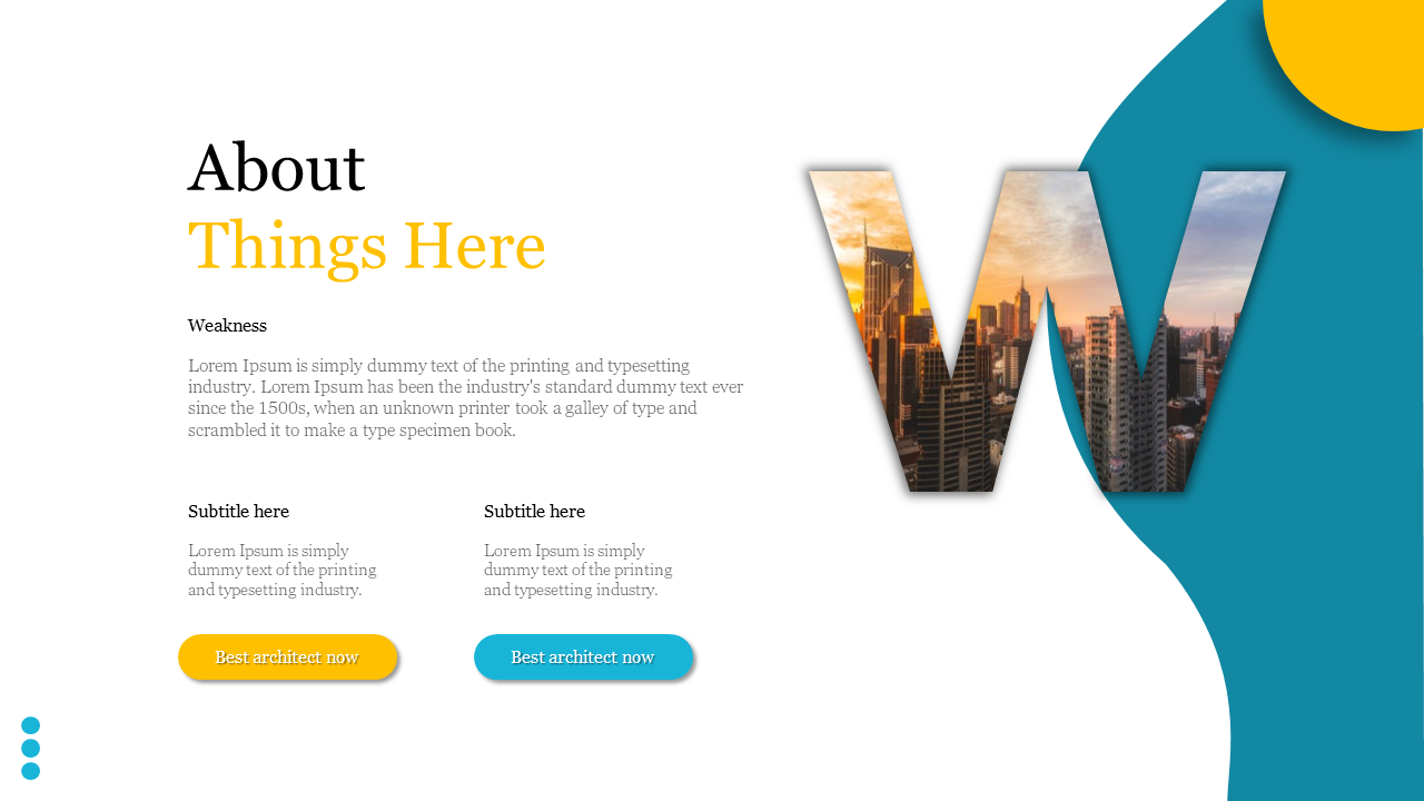 Slide featuring a large W filled with a cityscape at sunset, describing weaknesses with supporting text and CTAs.