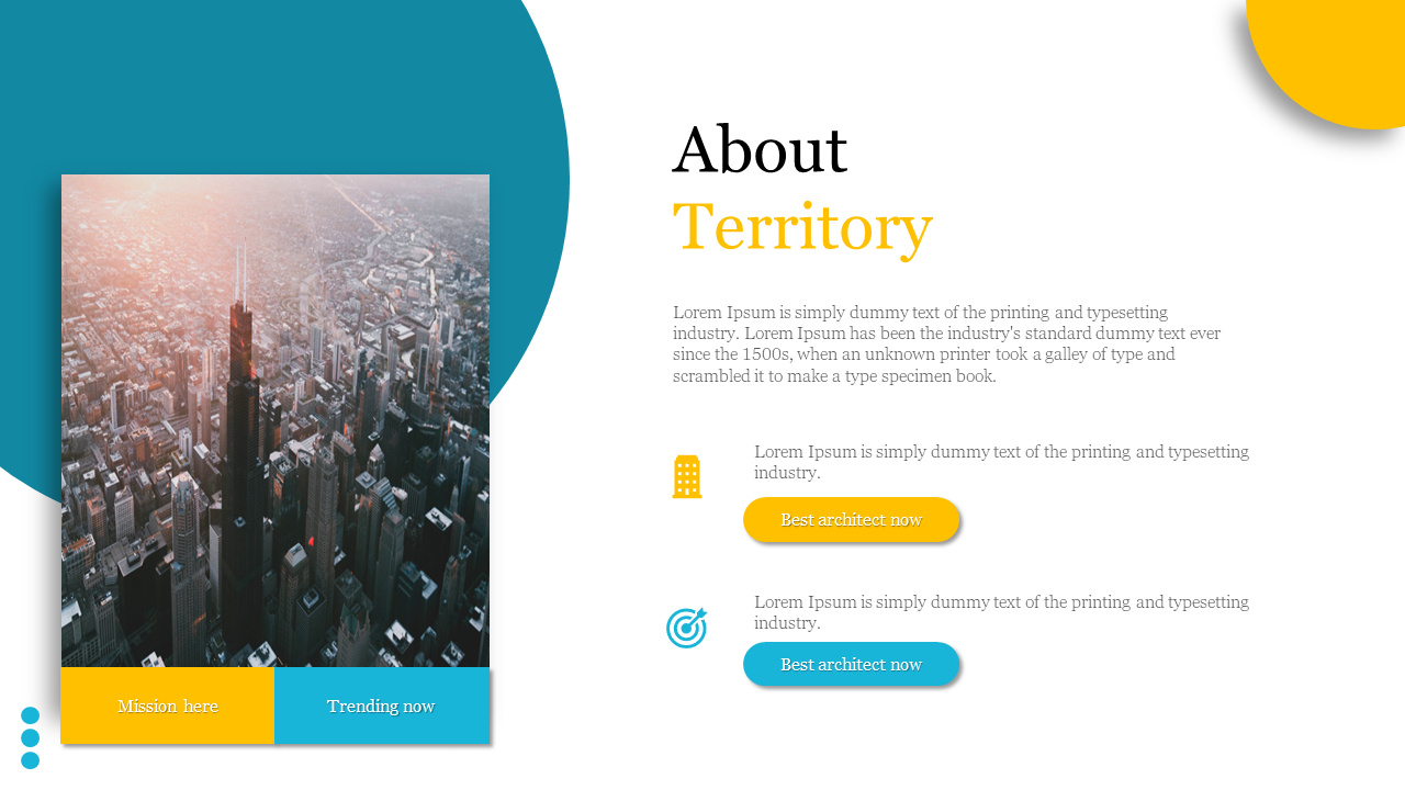 About Territory slide featuring a cityscape image, descriptive text, mission, and trending buttons, and CTAs in blue theme.