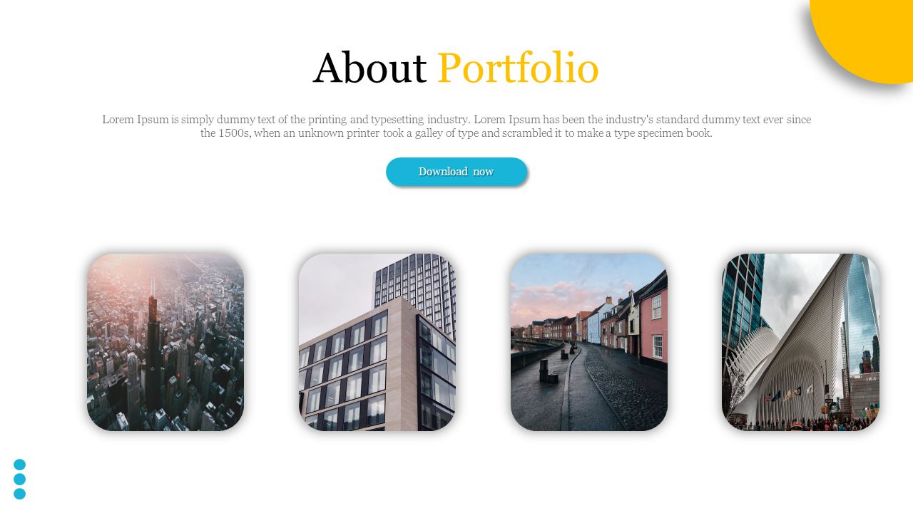 Portfolio slide featuring four rounded images of various architectural styles and a download now button on a white theme.