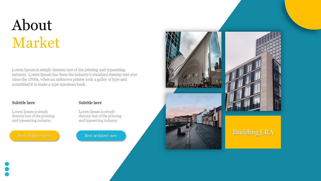 About Market slide featuring modern building photos, brief descriptions and call to action buttons on a white and blue theme.