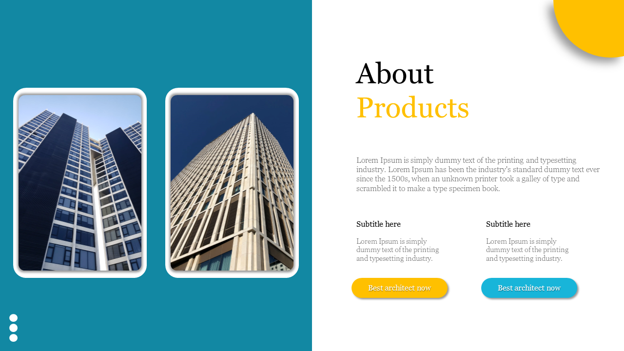 About Products with 2 vertical images of modern buildings and text describing architectural offering on white and blue theme.