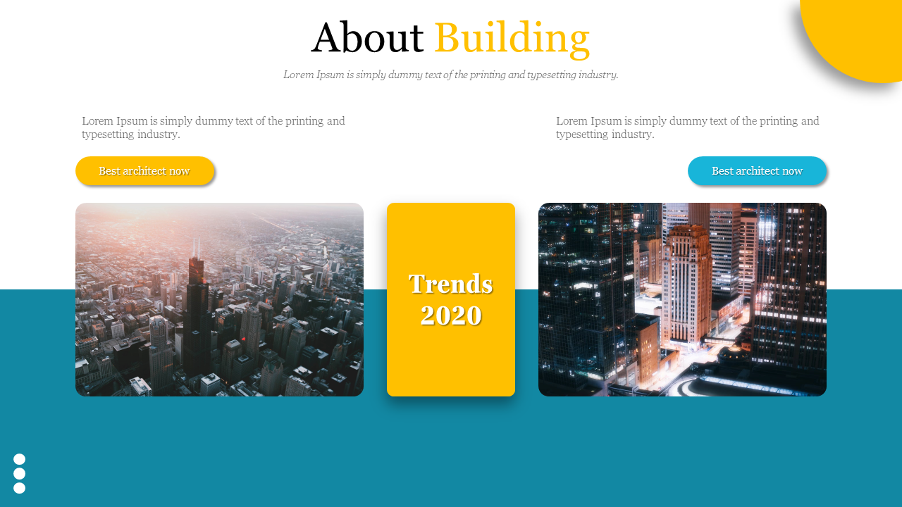 About Building slide featuring city skyline images, a yellow trends 2020 card, and the best architect call to action.