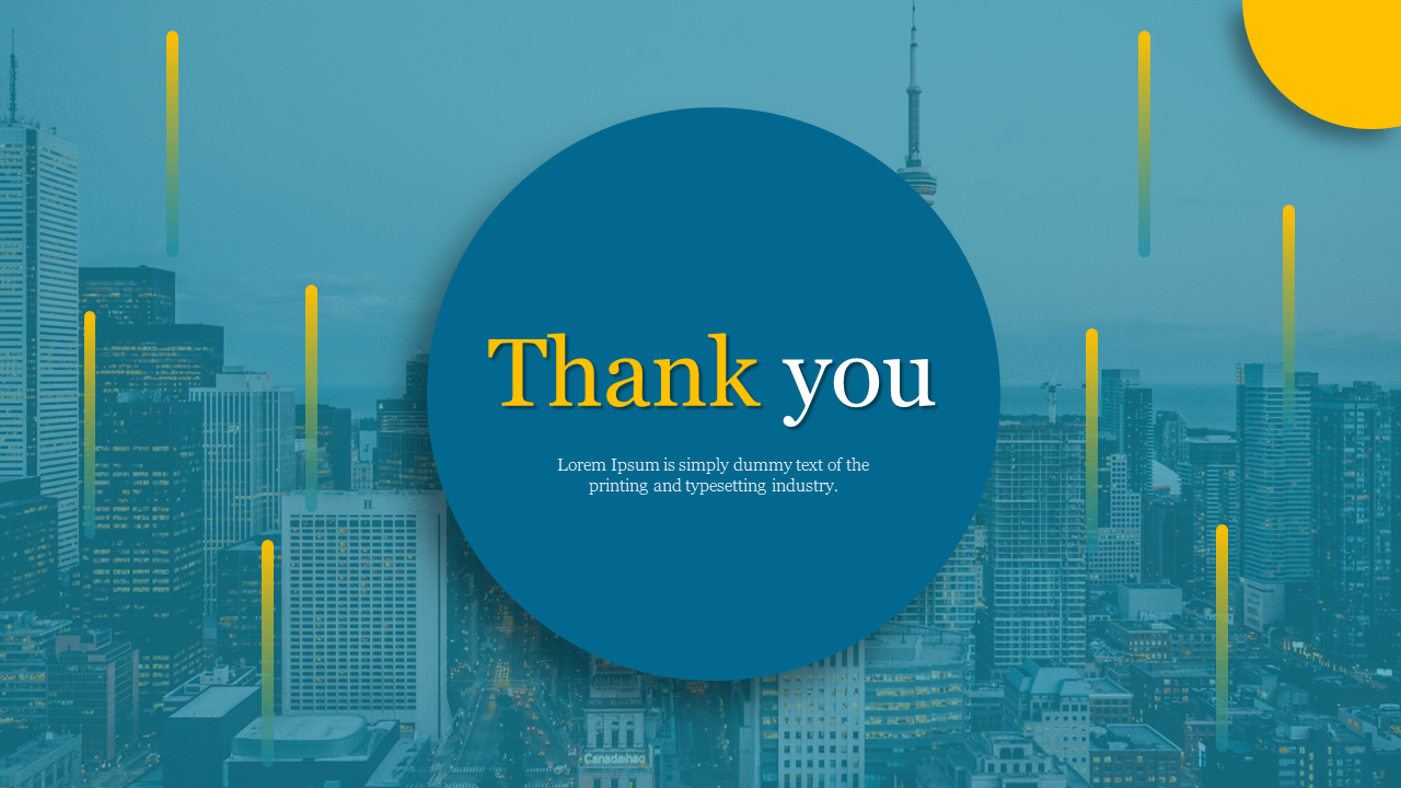 Thank You slide with a city skyline background and a large blue circular overlay featuring appreciation text.