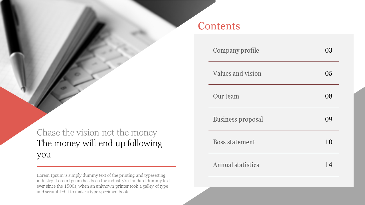 Table of contents slide with six sections listed alongside a black and white image of a notebook and keyboard.