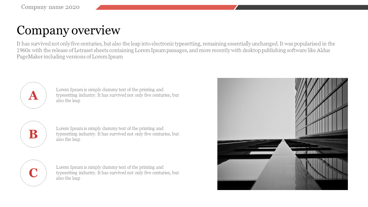 Company overview slide with three bullet sections labeled A, B, and C, alongside a monochrome photo of tall buildings.