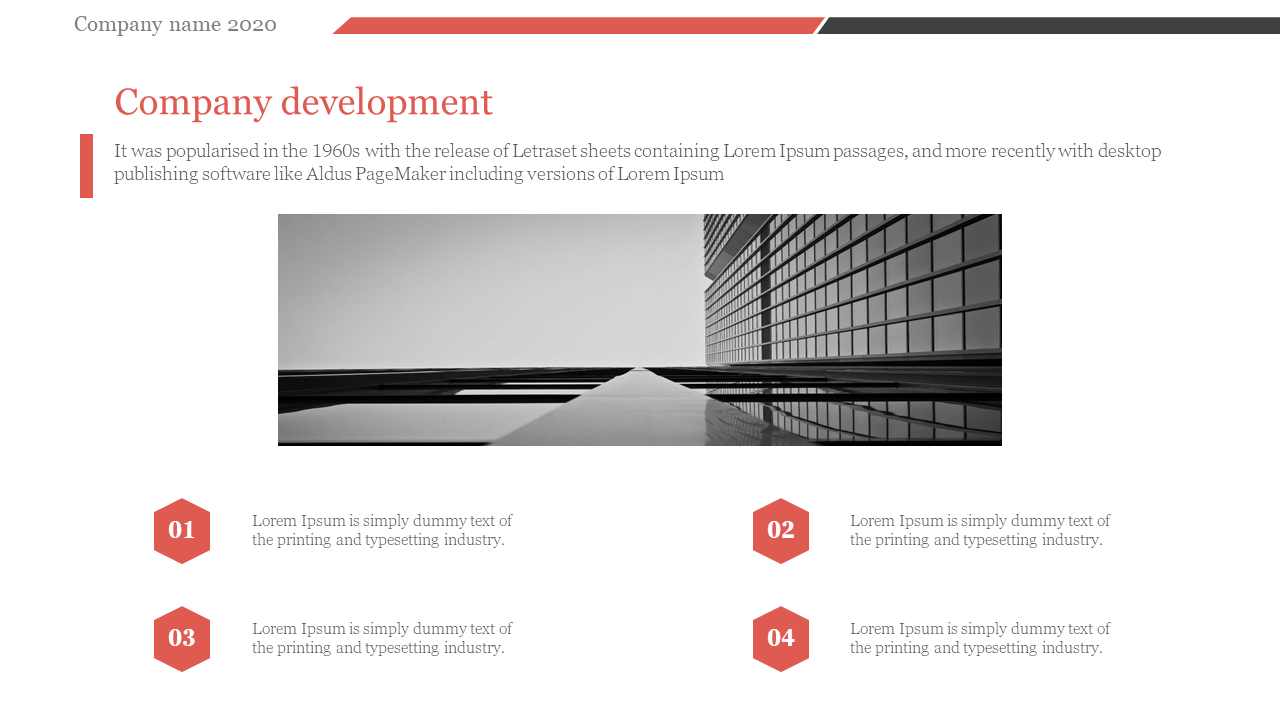 Four step company development layout with numbered red hexagons and a black and white skyscraper photo in white theme.