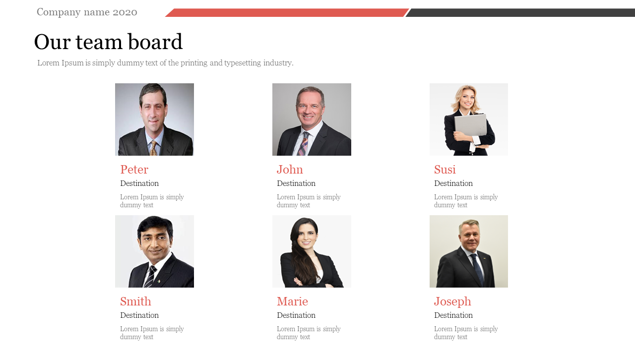 Team board slide featuring six professional headshots with names and brief placeholder roles in a white theme.