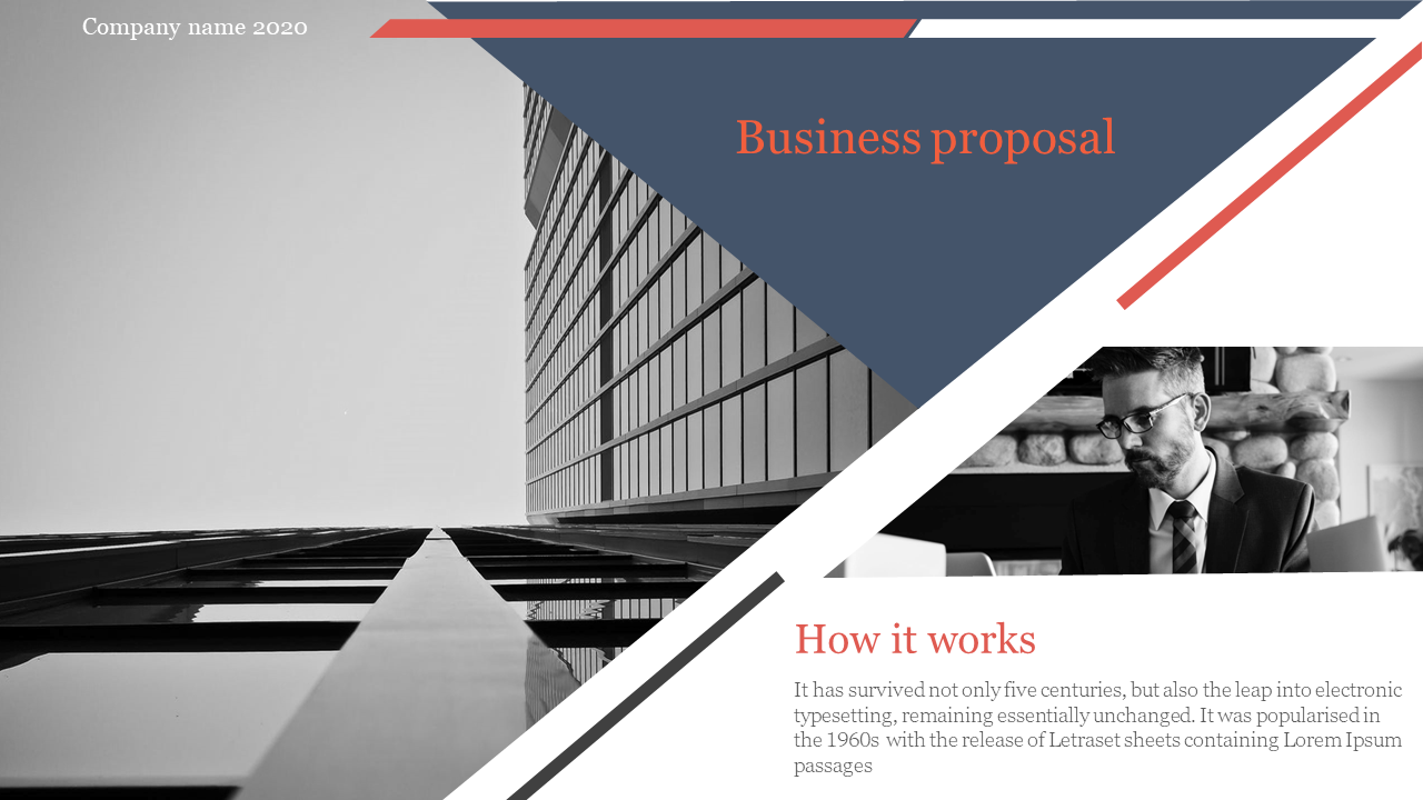 Business proposal slide featuring modern layout with high rise building and a businessman working on a laptop.