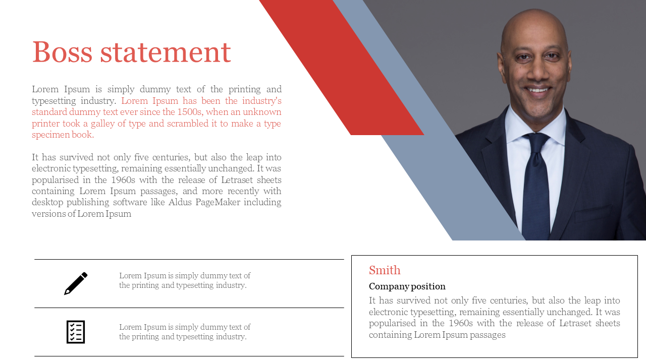 Boss statement slide with formal message, bullet icons, and a portrait of a smiling man in a dark suit on a white theme.