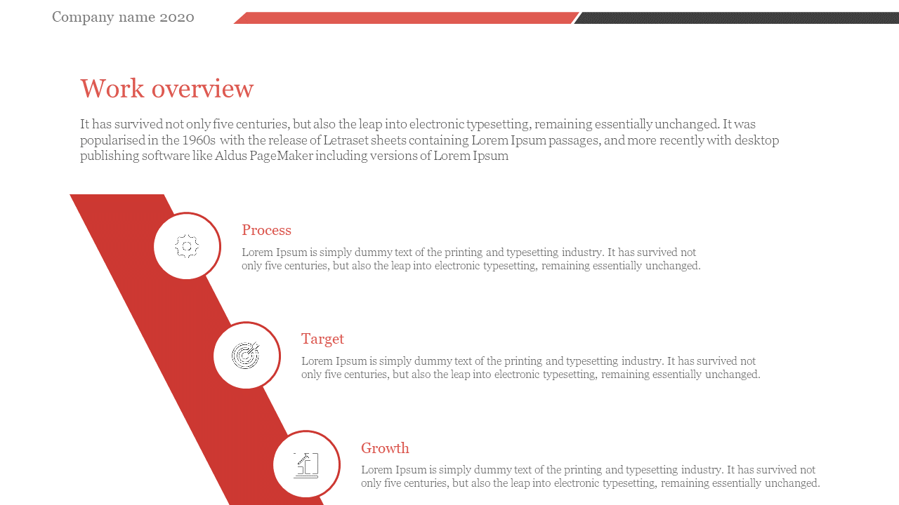 Work overview slide with red arrow path showing icons and text for process, target, and growth on a white theme.