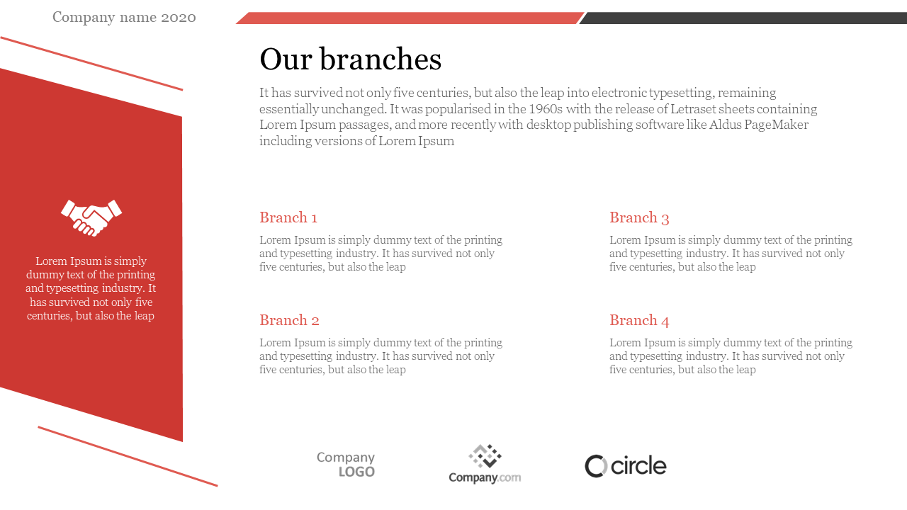 Company branches overview with four branch descriptions and logos at the bottom on a white backdrop.